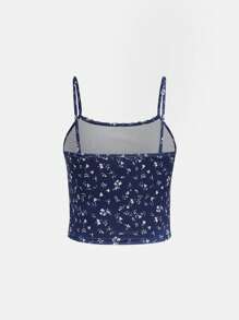 SHEIN Teen Girls Elegant Ditsy Floral Lace Trim Ruched Camisole And Ruched Shorts Soft Comfortable 2Pcs Pajama Set - Navy Blue - View 9