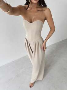 Firerie 女士优雅简约时尚日常度假音乐节亚麻抹胸褶皱阔腿连体裤，夏季 - 杏色 - 查看 8