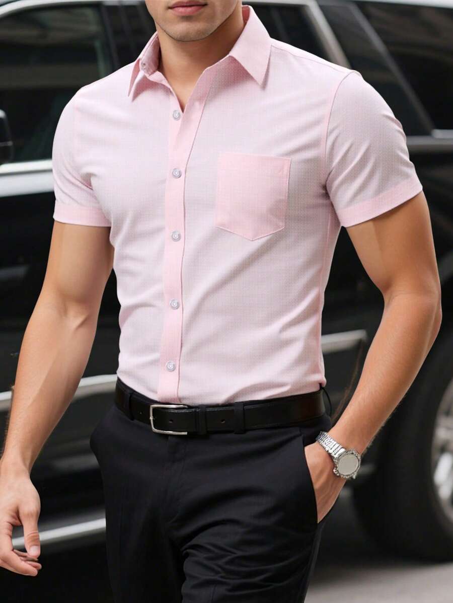 Manfinity Mode Men's Casual Solid Color Short Sleeve Dress Shirt - Pink - View 1