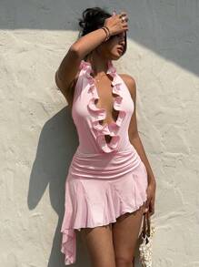 SHEIN EZwear 女士浅粉色迷你休闲连衣裙，夏季 - 淺粉色 - 查看 4