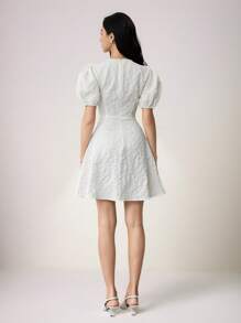 Modelyn Women Elegant Jacquard Solid Color Puff Sleeve Short Dress, Summer - White - View 4