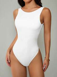 SHEIN PETITE Women's Solid Color White Sleeveless Casual Backless Bodysuit,For Dailywear - White - View 4