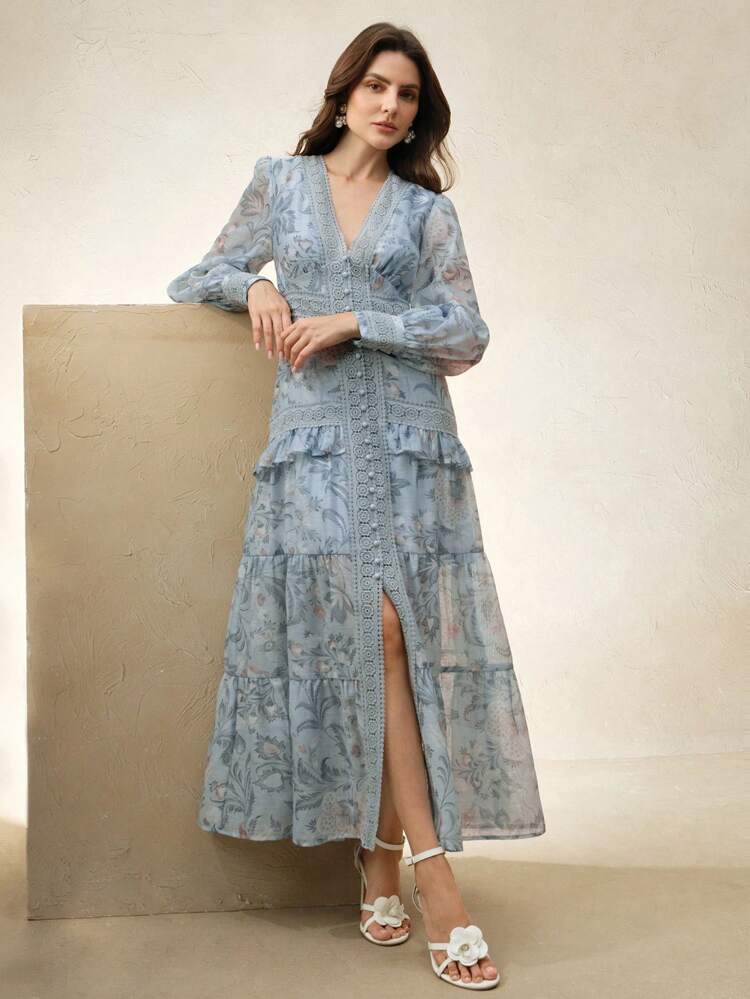Women's Summer New Elegant Wedding Party Guest Outfit Design Splicing Long Sleeve Vacation Style V-Neck Chiffon Floral Print Ruffle Hem Dress