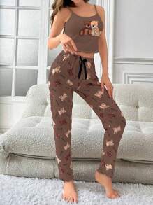 女士卡通熊吊带背心和裤子睡衣套装、休闲套装 - 彩色 - 查看 4