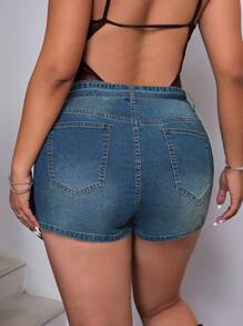 SHEIN ICON Plus Size Women Retro Washed Blue Denim Skirt Jeans - Medium Wash - View 2