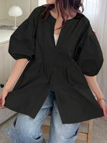 FRIFUL 女士休闲纯色拉链前泡泡袖衬衫，夏季娃娃装上衣 - 黑色 - 查看 6