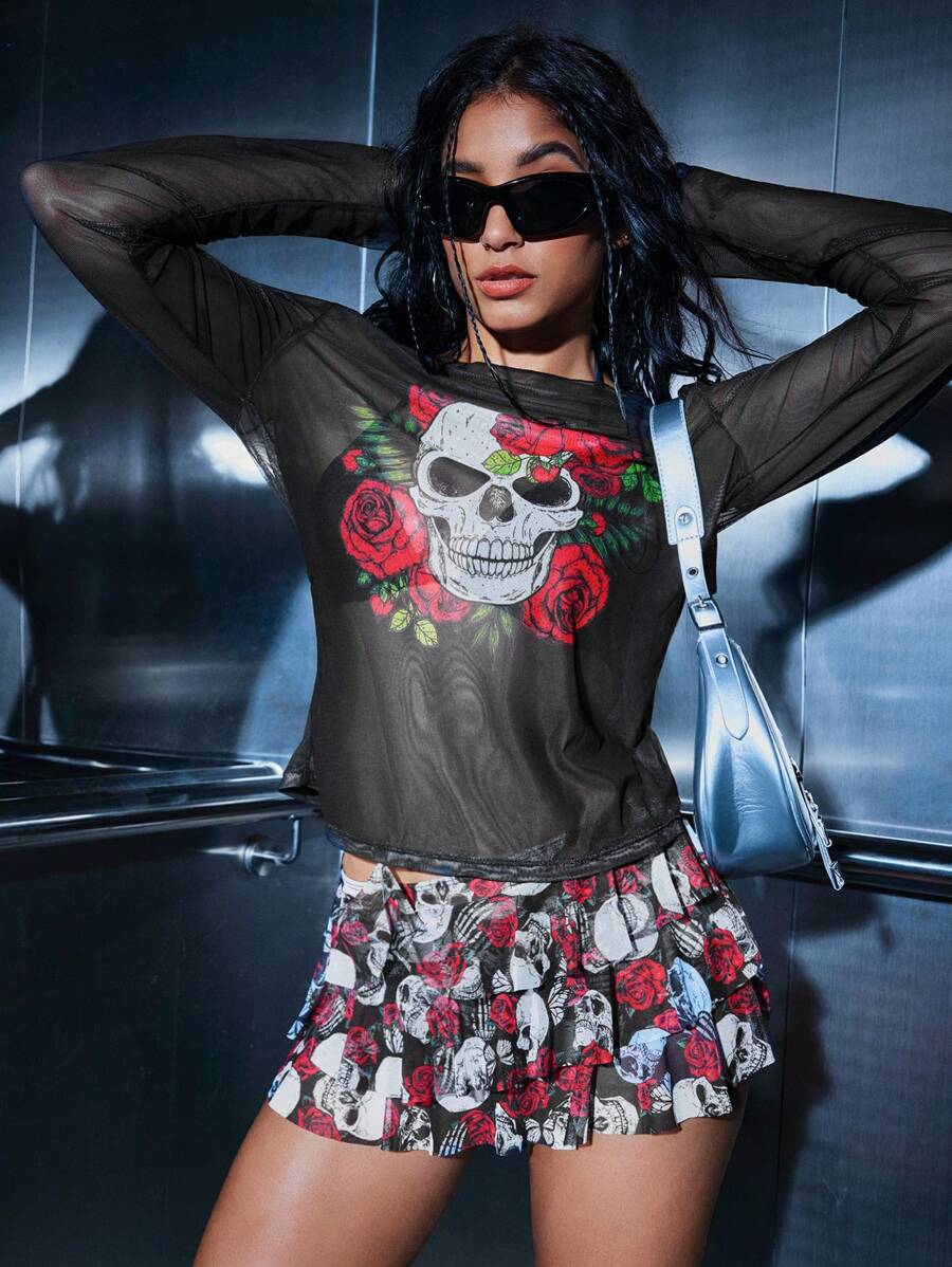 Swim EVENT 2025 New Printed Gothic Skull Mesh Cover-Up & Random Flounce Double Layer Skirt & Solid Color Bikini 4 Piece Swimwear Set, Fashionable Dark Style For Women For Beach Vacation, Halloween - Multicolor - View 1