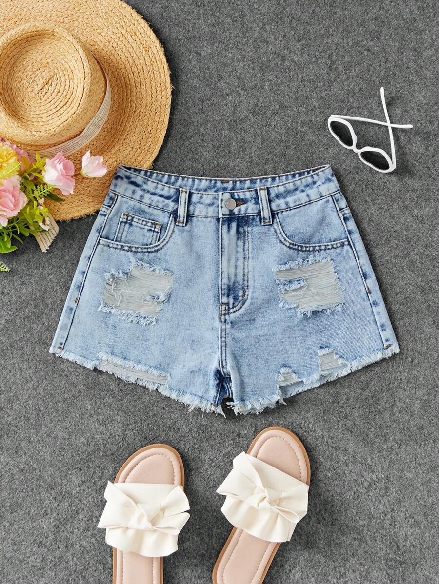 SHEIN Teen Girls Distressed Frayed Hem Denim Shorts - Light Wash - View 1