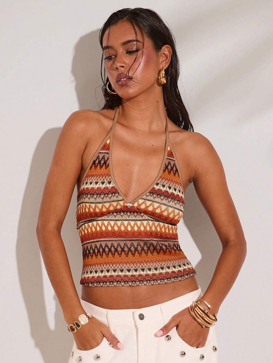 SHEIN BAE 1 Pieza de Verano y Primavera Camiseta de Tirantes con Cuello en V Sencillo a Rayas de Ganchillo Adecuada para Vacaciones de Primavera Verano, Elegante Sexy Playa Resort Isla Vacaciones, Mujer Luna de Miel, Fiesta de Piscina Vacaciones