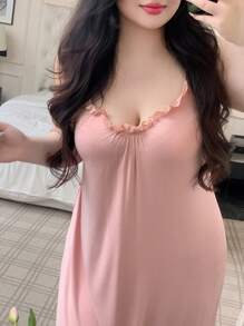 Dazy Plus Plus Size Solid Color Patchwork Ruffle Hem Slip Dress For Home & Sleep, Back To School Clothes - Pink - View 1