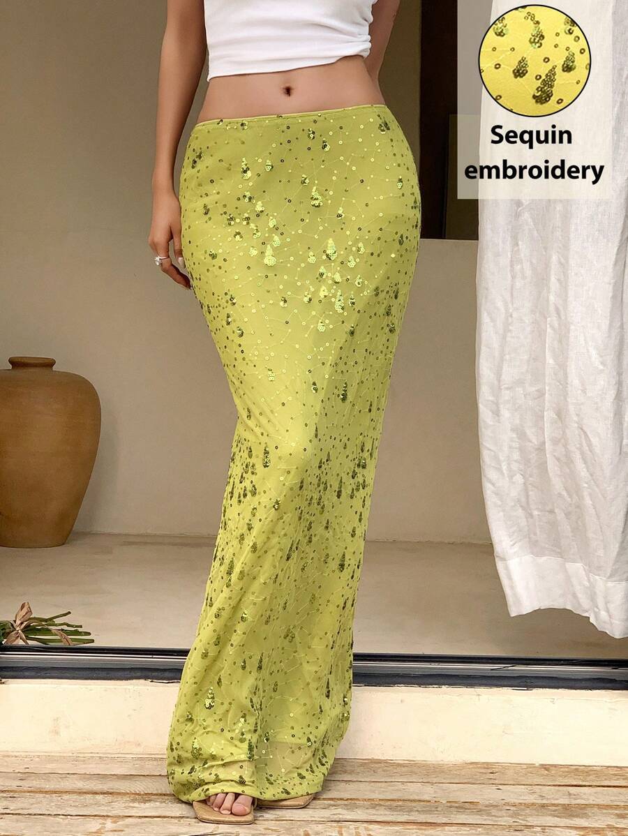 Serisse Váy dài đính sequin mùa hè mới, váy đuôi cá lưới đàn hồi thêu sequin màu xanh lá cây, trang phục ngày lễ thanh lịch, áo hai dây thêu sequin, lễ hội hóa trang, Ibiza, váy đính hạt màu xanh lá cây xô thơm lấp lánh - màu xanh lá - Xem 1