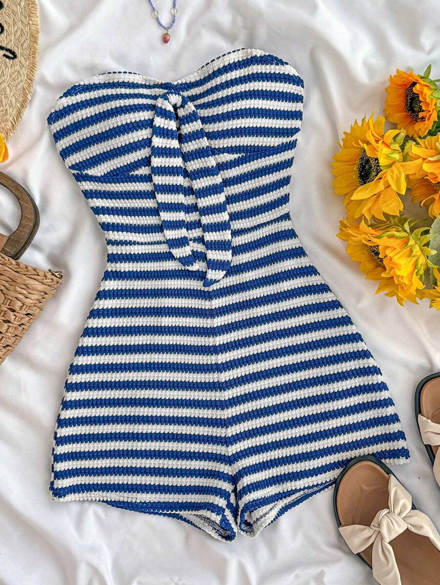 SHEIN Teen Girls Vacation Striped Knit Blue White Knitted Crinkled Fabric Tube Top Halter Neck Bow Jumpsuit, & Suitable For Party, Valentine's Day, Wear As Innerwear Or Outerwear - Blue and White - View 1