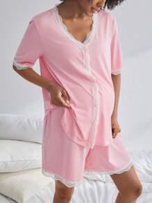 BloomMama Set di pigiama da allattamento con maniche corte, 2 pezzi con pizzo e bottoni, set da camera elegante per il sonno - Rosa - Visualizzare 4