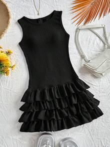 Soleia Women's Vacation Burgundy Round Neck Sleeveless Woven Patchwork Multi-Layer Ruffle Hem Jumpsuit Black Ruffle Dress Black Tiered Ruffle Dress Black Ruffle Mini Dress Casual Black Dress Black Sundress - Black - View 10