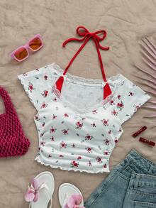 Soleia T-shirt casual d'été style ballerine femme 2 en 1 avec col, garniture de dentelle à fleurs blanches et rouges vintage et décoration nœud contrastante - Rouge et Blanc - Voir 7