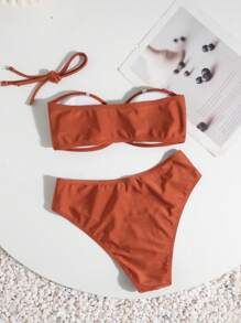 Swim Chiccia Bộ đồ bơi bikini thời trang gợi cảm màu trơn dành cho nữ, 2 trong 1 (cổ yếm & bandeau) áo hở lưng trang trí kim loại & quần bơi tam giác đính kim loại, đồ bơi đi biển mùa hè - Rỉ Nâu - Xem 8