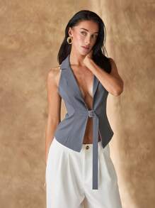 Glamine Áo khoác blazer hở lưng cổ chữ V gợi cảm không tay - Màu xám đen - Xem 5