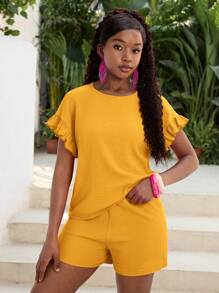 SHEIN 少女黄色纯色休闲度假纹理短袖上衣和松紧腰短裤夏季休闲两件套服装，适合夏季