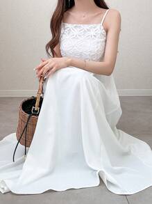 FRIFUL Women Spaghetti Strap Contrast Lace Waist Dress For Graduation, Festival, Holiday Wedding Women Dresses - White - View 1