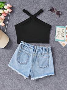 SHEIN Tween Girls Solid Color T-Shirt & Denim Shorts 2-Piece Set - Black - View 2