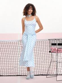 SHEIN MOD فستان أنيق رسمي ذو بقع زرقاء منقطة مع طوق دانتيل والخدشة على اللوحة الأمامية - الأزرق - مشاهدة 5