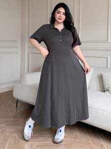 Dazy Plus Solid Color Polo Collar Slim Fit Short Sleeve Casual Long Dress For Summer