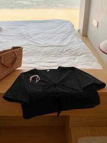 Comfortcana 夏季女式纯色前系带短袖针织开衫