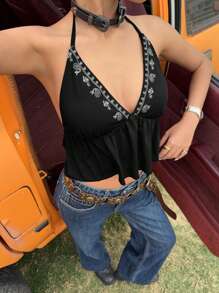 SHEIN EZwear 女士黑色刺绣针织露背上衣 - 黑色 - 查看 5