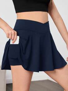 SHEIN Faldas pantalón de punto de unicolor con bolsillo oculto antirreflectante y cintura en V para adolescentes, faldas pantalón deportivas casuales