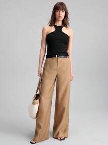 Ontre 女士棕色丝绸混纺半透明轻薄夏季阔腿宽松休闲裤，都市时尚时尚裤子，适合教师