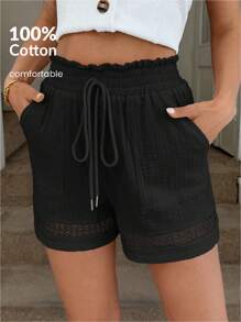 Easowa Cotton Lace Patchwork Elastic Waist Khaki Short Pants For Women, Spring/Summer
