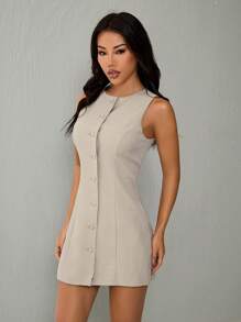 SHEIN PETITE 女士纯色简约无袖纽扣圆领单排扣无袖迷你连衣裙，女士夏季连衣裙，茶会连衣裙 - 卡其色 - 查看 6