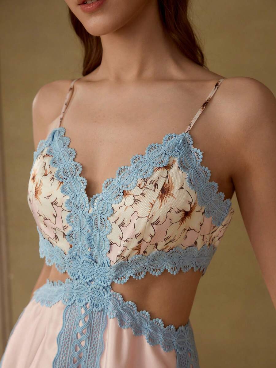 MOTF PREMIUM Vestido de tirantes con volantes en el bajo y estampado floral - Azul - Ver 2