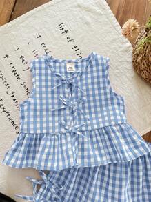 SHEIN 可爱夏季休闲蓝色格子蝴蝶结无袖上衣和松紧腰短裤套装，“女婴”