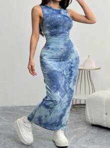 SHEIN EZwear 女士修身扎染印花紧身长裙，夏季 - 藍色 - 查看 1