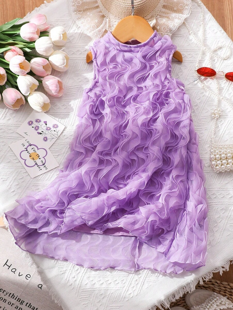 Glamorique Kids Young Girl' Solid Color Sleeveless Crew Neck Elegant Ruffle Hem Summer Dress - Purple - View 1
