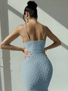 Firerie 优雅浪漫的蓝色细肩带垂坠领紧身褶饰长款开衩吊带裙，适合约会、婚礼、春夏季 - 藍色 - 查看 2