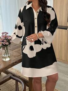 EMERY ROSE 大码女式度假花卉印花纽扣式半襟 3/4 袖休闲中长连衣裙