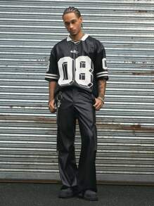 AXEPEAK 街头风格宽松数字印花短袖男士平纹 Polo 衫，休闲日常穿着，学校，街头服饰 - 黑色 - 查看 5