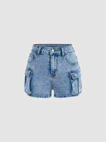 SHEIN Girlism 青少年女孩 Y2K 纯色简约日常穿着翻盖口袋高弹力牛仔工装短裤，儿童夏季波西米亚风度假音乐会 - 淺色水洗藍 - 查看 1
