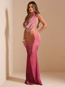 SHEIN BAE 休闲全印花垂坠领长裙/粉色渐变色连衣裙/海岛度假裙/度假服/生日派对裙/女士优雅露背裙/优雅派对裙，紧身连衣裙，别致连衣裙 - 彩色 - 查看 5