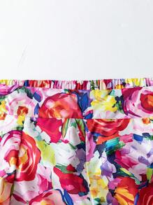 Flirla 大码女式方领露肩泡泡袖花卉印花衬衫 + 印花褶皱 LGBT 短裤两件套，春夏 - 彩色 - 查看 5