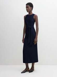 BizChic 2025年夏季新款海军蓝圆领无袖系带收腰宽松连衣裙，商务休闲日常穿着，适合婚礼、海滩度假、音乐节、早午餐、机场穿搭，90年代复古斯德哥尔摩风格，美国独立日