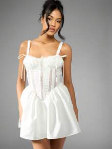 MISSGUIDED Corset Mini Dress Summer Poplin Lace Panel Empire Waist Skater Flare Wedding Guest Reception Bridal Shower Party Sweetheart Neckline - White - View 6