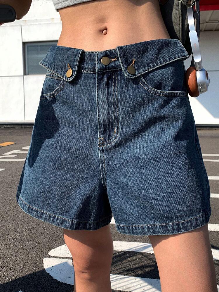 Women's Summer Fold-Over Waist Decorative Hem Denim Shorts Jorts