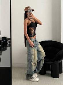 StreetHx Women Streetwear Solid Color Hollow Out Distressed Sleeveless Casual Knit Top, Spring/Summer - Black - View 3