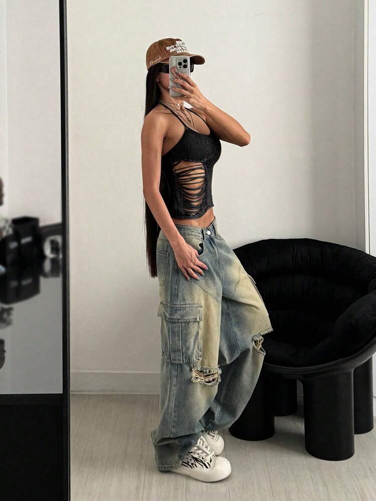 StreetHx Damska Streetwear Jednokolorowa Hollow Out Zniszczona Bezrękawnik Casual Knit Top Wiosna/Lato - Czarne - Zobacz 3