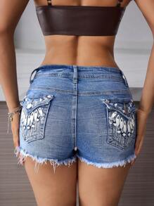 SHEIN EZwear Women's Fashion Embroidered Decorative Fringe Hem Denim Shorts, Summer