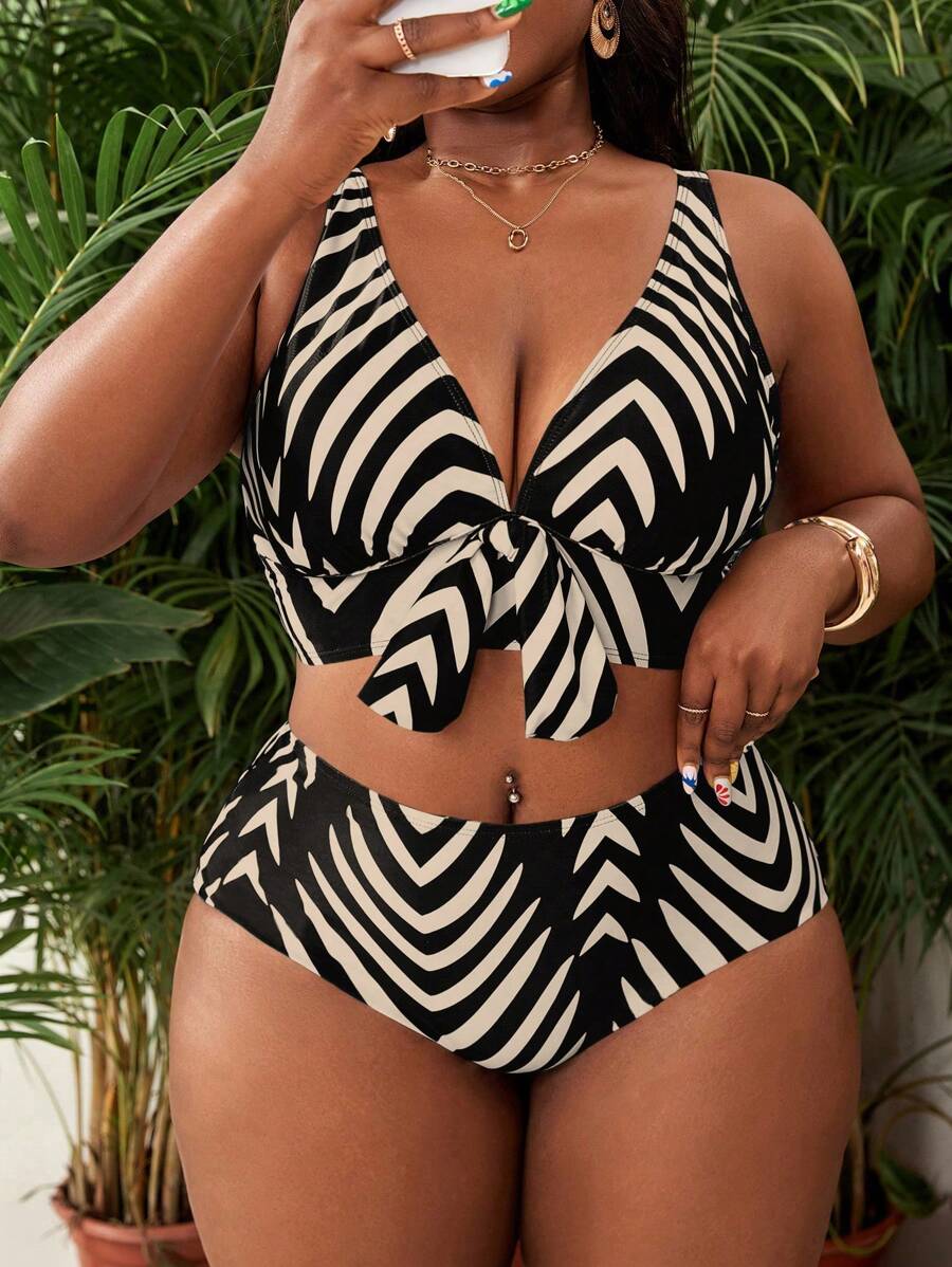 Slaydiva Plus Size Women Summer Beach Vacation Outfit, Random Print Wide Strap V Neck Bow Top With High Waist Pants Set - Multicolor - View 1