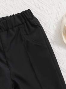 SHEIN 幼儿男童休闲纯色梭织宽松腰带松紧腰裤，适合春夏秋季户外穿着 - 黑色 - 查看 5